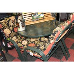 METAL AND GLASS PATIO TABLE W 4 CHAIRS