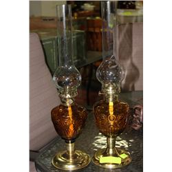 PAIR OF AMBER GLASS OIL LAMPS