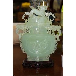 SMALL JADE URN ON STAND WITH LION & DRAGONS