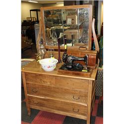 VINTAGE WOOD 4 DRAWER DRESSER W MIRROR