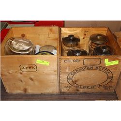 VINTAGE BUTTER BOX W/ 4 STORAGE JARS X2