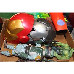 BOX OF TOYS WITH BOBA FETT, HULK AND MASKS
