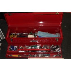 LARGE RED TOOL BOX WITH ASSORTED TOOLS INCLUDING