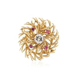 14KT Yellow Gold 1.74 ctw Diamond and Ruby Brooch