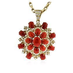 14KT Yellow Gold 19.87 ctw Red Coral & Diamond Pendant with Chain