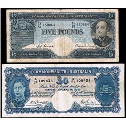1941 KGVI Armitage/ McFarlane & 1954 QEII Coombs/ Wilson C'Wealth Five Pound Notes - VG - gFine