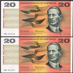 1966 Coombs/Wilson QEII Twenty Dollar Consecutive Pair
