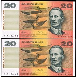 1991 Fraser/Cole AAA Prefix NPA Issue Twenty Dollar Consecutive Pair