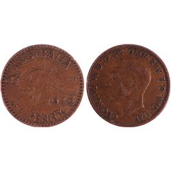 1942'I' Australian KGVI Penny - Missing 'I' Mintmark