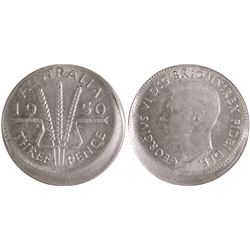 1950 Australian KGVI Threepence - Misstrike