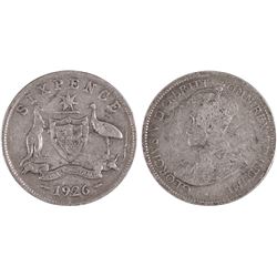 1926 Australian KGV Sixpence - Double Die Crack