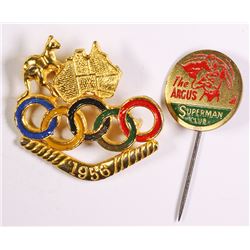 1950 The Argus Superman Club pin badge & 1956 Melbourne Olympics Enamel Badge