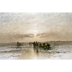 WINTERLANDSCHAP MET FIGUREN OP EEN BEVROREN RIVIER...