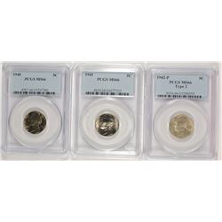 Lot of 3 Jeff. Nickels PCGS-66 1940, 41, 42 Type 2