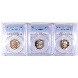 3 WASHINGTON QUARTERS 1942, 43, 44 PCGS MS-65