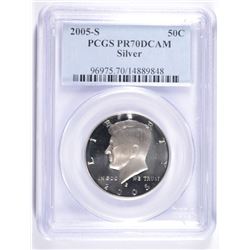 2005-S SILVER KENNEDY HALF DOLLAR, PCGS PROOF-70 DCAM  PCGS PRICE GUIDE=$140.00