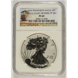 2012-S AMERICAN SILVER EAGLE, REVERSE PROOF, NGC PROOF-69 TROLLEY LABEL