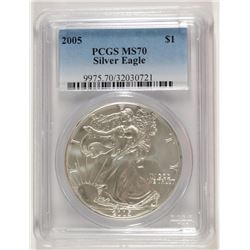 2005 AMERICAN SILVER EAGLE, PCGS MS-70 RARE LISTS IN PCGS PRICE GUIDE AT $700.00