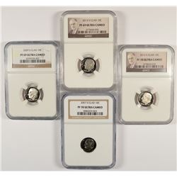 (4) NGC SLABBED PROOF ROOSEVELT DIMES (2007-70, 2009-69, 2013-69, 2013-70)