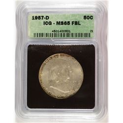 1957-D FRANKLIN HALF DOLLAR, ICG MS-65 FBL