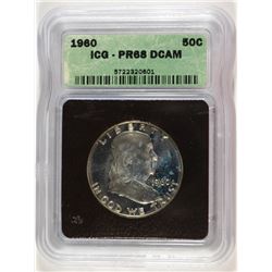 1960 FRANKLIN HALF DOLLAR, ICG PROOF-68 DCAM  RARE!!  PRICE GUIDE=$2400.00