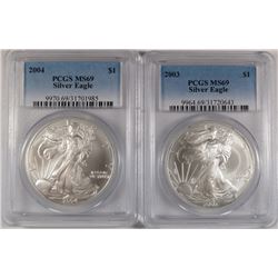 2003 & 2004 AMERICAN SILVER EAGLES, PCGS MS-69