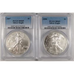 2006 & 2007 AMERICAN SILVER EAGLES, PCGS MS-69