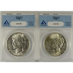 ( 2 ) ANACS GRADED PEACE SILVER DOLLARS: 1923-S VAM-1 AU-53 & 1923-S VAM-1 AU-55