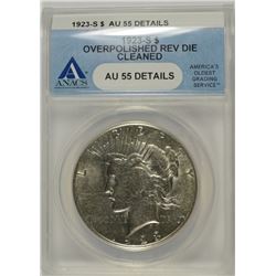 1923-S PEACE SILVER DOLLAR, ANACS AU-55 MINT ERROR "OVER POLISHED REVERSE DIE"