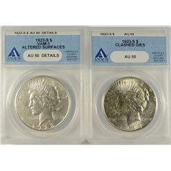 2-ANACS GRADED PEACE DOLLARS: 1923-S MINT ERROR CLASHED DIES AU-55 & 23-S  AU-50