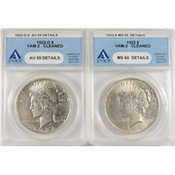 2-ANACS GRADED PEACE DOLLARS: 1922 VAM-2 MS-60 & 1922-D VAM-2 AU-55