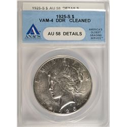 1925-S PEACE SILVER DOLLAR RARE VAM-4 DOUBLED DIE REVERSE, ANACS AU-58