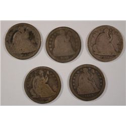 LOT OF ( 5 ) EARLY SEATED DIMES: 1838,  39, 39-O, 41 & 1842-O