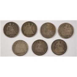 LOT OF ( 7 ) EARLY SEATED DIMES, AG-FINE: DATED 1857-1891