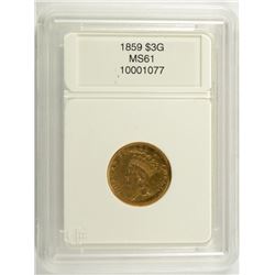 1859 $3.00 GOLD, CCGS MS-61  RARE DATE!