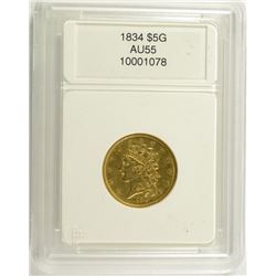 1834 $5.00 CLASSIC HEAD GOLD, CCGS AU-55