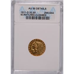 1911-D $2.5 GOLD INDIAN ANACS AU-55 DETAILS (KEY DATE)