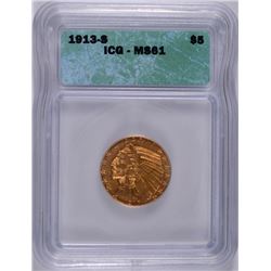 1913-S $5 GOLD INDIAN (WEAK S) ICG MS-61