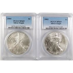 2003 & 2004 AMERICAN SILVER EAGLES, PCGS MS-69