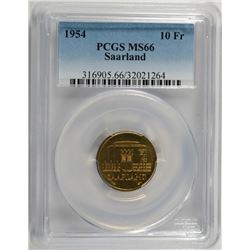 1954 SAARLAND 10 FRANKEN, PCGS MS-66 RARE!!