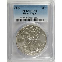2005 AMERICAN SILVER EAGLE, PCGS MS-70 RARE LISTS IN PCGS PRICE GUIDE AT $700.00