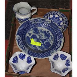 TRAY OF BLUE AMD WHITE DISHES