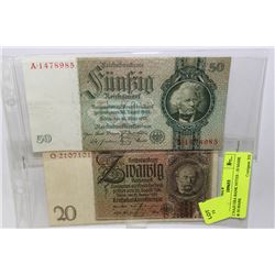 2 NAZI ERA BANK NOTES - 20 MARK & 50 MARK