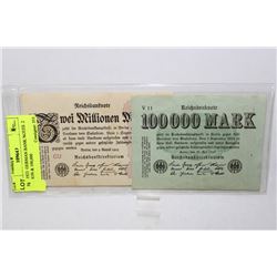 TWO 1923  GERMAN BANK NOTES  2 MILLION & 100,000