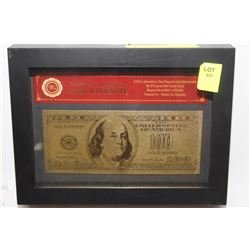 24K GOLD FOIL US 100 DOLLAR BANKNOTE W/ COA - FRAMED
