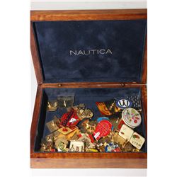 WOODEN BOX WITH ESTATE COLLECTABLE PINS