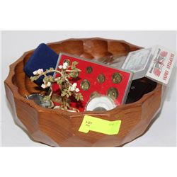 ESTATE WOOD BOWL W COIN COLLECTION