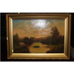 ESTATE LAKE SCENE OIL ON CANVAS DAMAGED FRAME