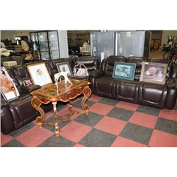 CHOCOLATE BROWN LEATHER SOFA W CONSOLE