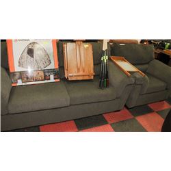 DARK SAGE GREEN FABRIC SOFA W LOVE SEAT